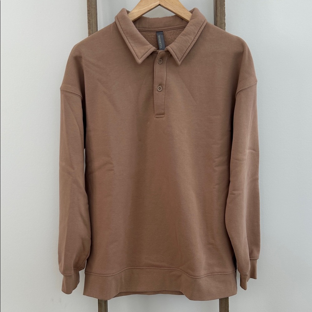 Mondetta Collared Fleece Pullover Sweatshirt Long Sleeve Tan Women’s Size Large